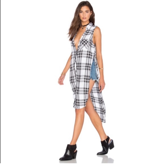 Rails Tops - Rails Jordyn Long Button Down Plaid Tunic Black White High Low Size Medium